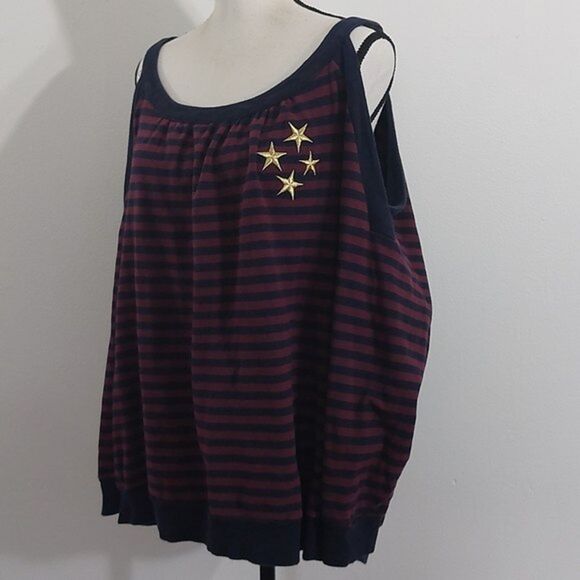 Lane Bryant Navy Burgundy Striped Cold Shoulder Long Sleeve Sweater Size 18 /20 - Picture 4 of 10